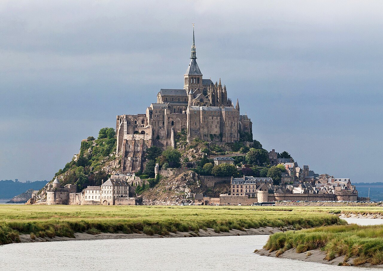 Mont-Saint-Michel and its surrounding bay in Normandy, France.