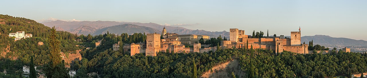 The Alhambra palace complex above Granada, seen from the Albaicín viewpoint.